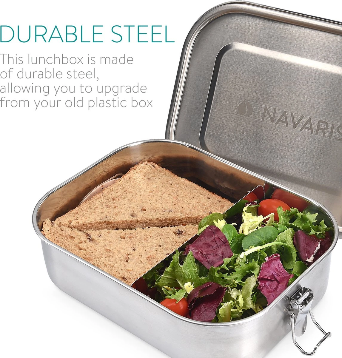 Navaris RVS Broodtrommel Met Verdeler - Meal Prep Bakje - Vershouddoos - Lunchbox - 17 X 13 X 6 Cm - Inhoud 0,8 Liter - Vaatwasbestendig 5 Navaris RVS Broodtrommel Met Verdeler - Meal Prep Bakje - Vershouddoos - Lunchbox - 17 X 13 X 6 Cm - Inhoud 0,8 Liter - Vaatwasbestendig - Afbeelding 3