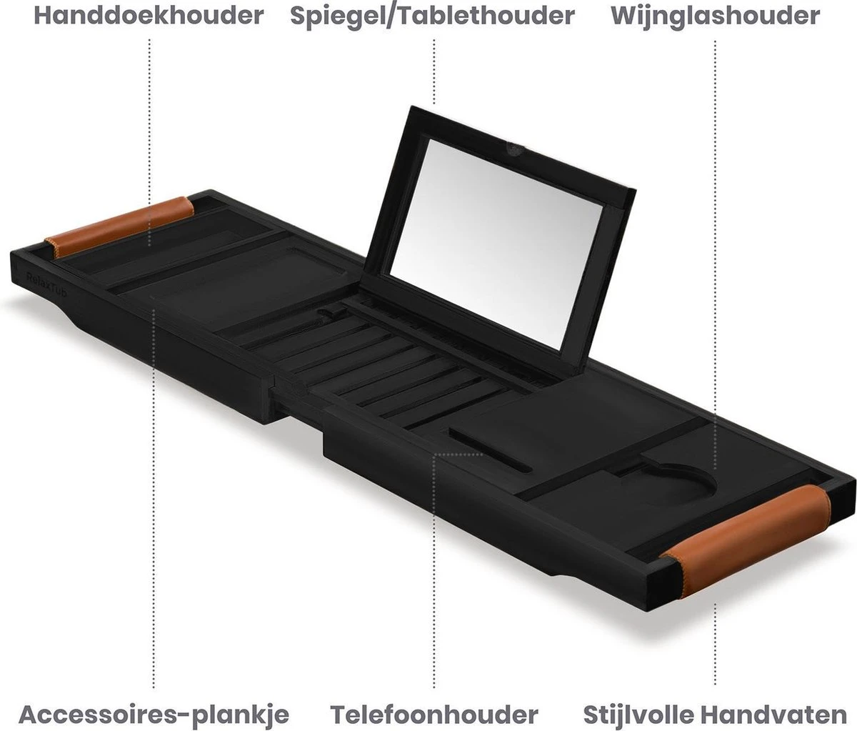 RelaxTub® Badplank - Badplank Voor In Bad - Badrek - Verstelbaar - Anti Slip - Badplank Zwart - Badplank Hout - Badrekje Inclusief Boekenhouder, Tablethouder & Spiegel 4 RelaxTub® Badplank - Badplank Voor In Bad - Badrek - Verstelbaar - Anti Slip - Badplank Zwart - Badplank Hout - Badrekje Inclusief Boekenhouder, Tablethouder & Spiegel - Afbeelding 2