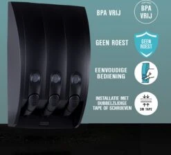 Aquathof, Zeepdispenser, Mat Zwart, 3 Kamer, 3 Reservoirs, 3x350ml, Hangend, Wandmontage -Huishoudelijke Artikelen Verkoop 1200x1089