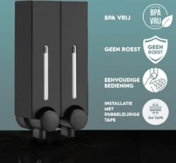 Aquathof, Zeepdispenser, Mat Zwart, 2 Kamer, 2 Reservoirs, 2x250ml - Hangend - Wandmontage -Huishoudelijke Artikelen Verkoop 1200x1112