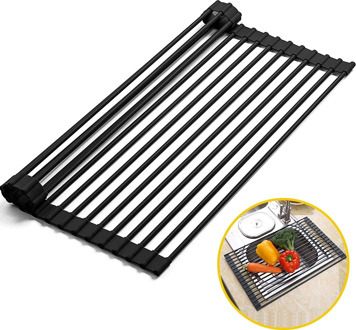 Kitch&Life Afdruiprek Oprolbaar - Mat Zwart - Pannenonderzetter - Afdruipmat - Keukenrek 3-in-1 3 Kitch&Life Afdruiprek Oprolbaar - Mat Zwart - Pannenonderzetter - Afdruipmat - Keukenrek 3-in-1