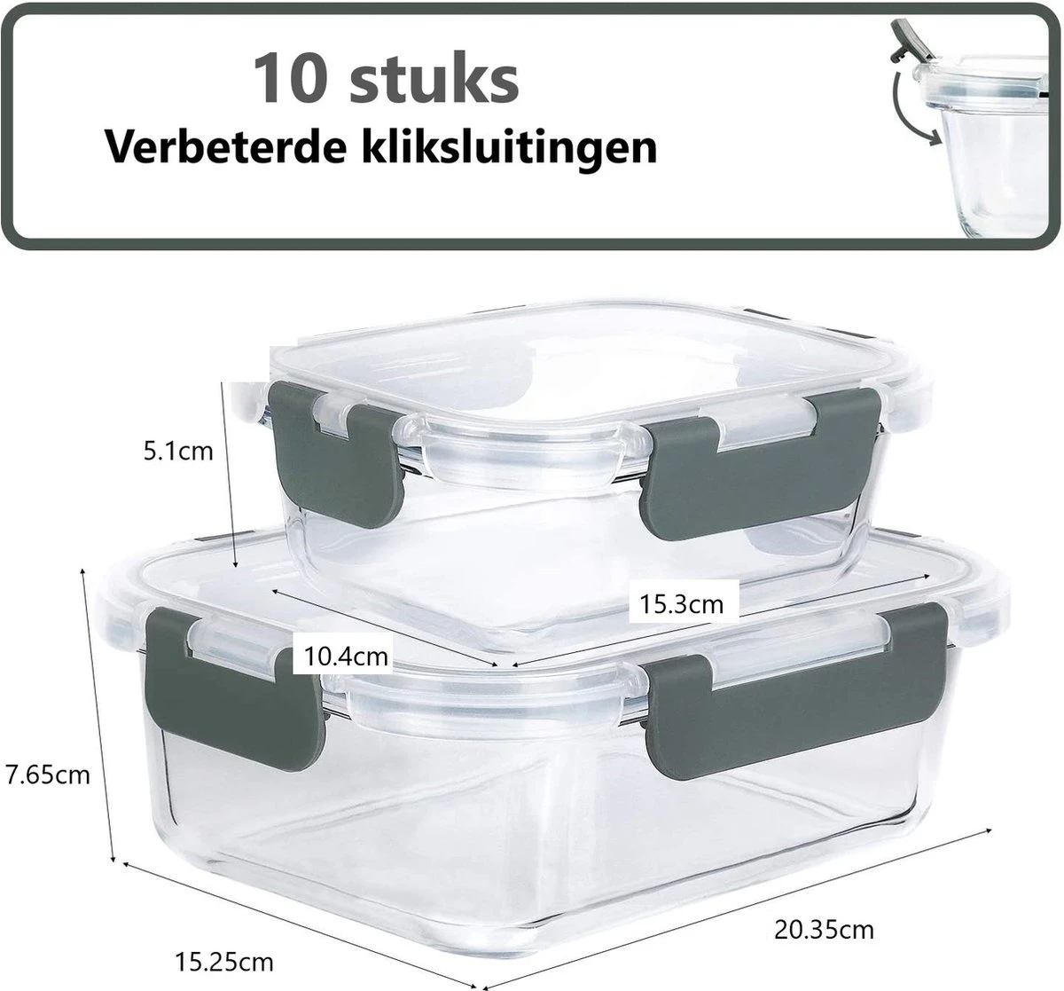VMCA Glazen Vershoudbakjes Voor Vriezer Oven En Magnetron - 10 Bakjes - Grijs 7 VMCA Glazen Vershoudbakjes Voor Vriezer Oven En Magnetron - 10 Bakjes - Grijs - Afbeelding 5