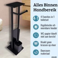 Mmoods Toiletbutler Zwart - WC Borstel Met Toiletrolhouder Vrijstaand - Toiletborstel Siliconen Industrieel Design Mmoods - Reserverolhouder Zonder Boren Staand Met Plankje RVS -Huishoudelijke Artikelen Verkoop 1200x1200 109