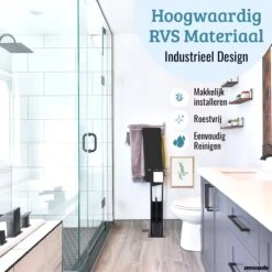 Mmoods Toiletbutler Zwart - WC Borstel Met Toiletrolhouder Vrijstaand - Toiletborstel Siliconen Industrieel Design Mmoods - Reserverolhouder Zonder Boren Staand Met Plankje RVS -Huishoudelijke Artikelen Verkoop 1200x1200 111