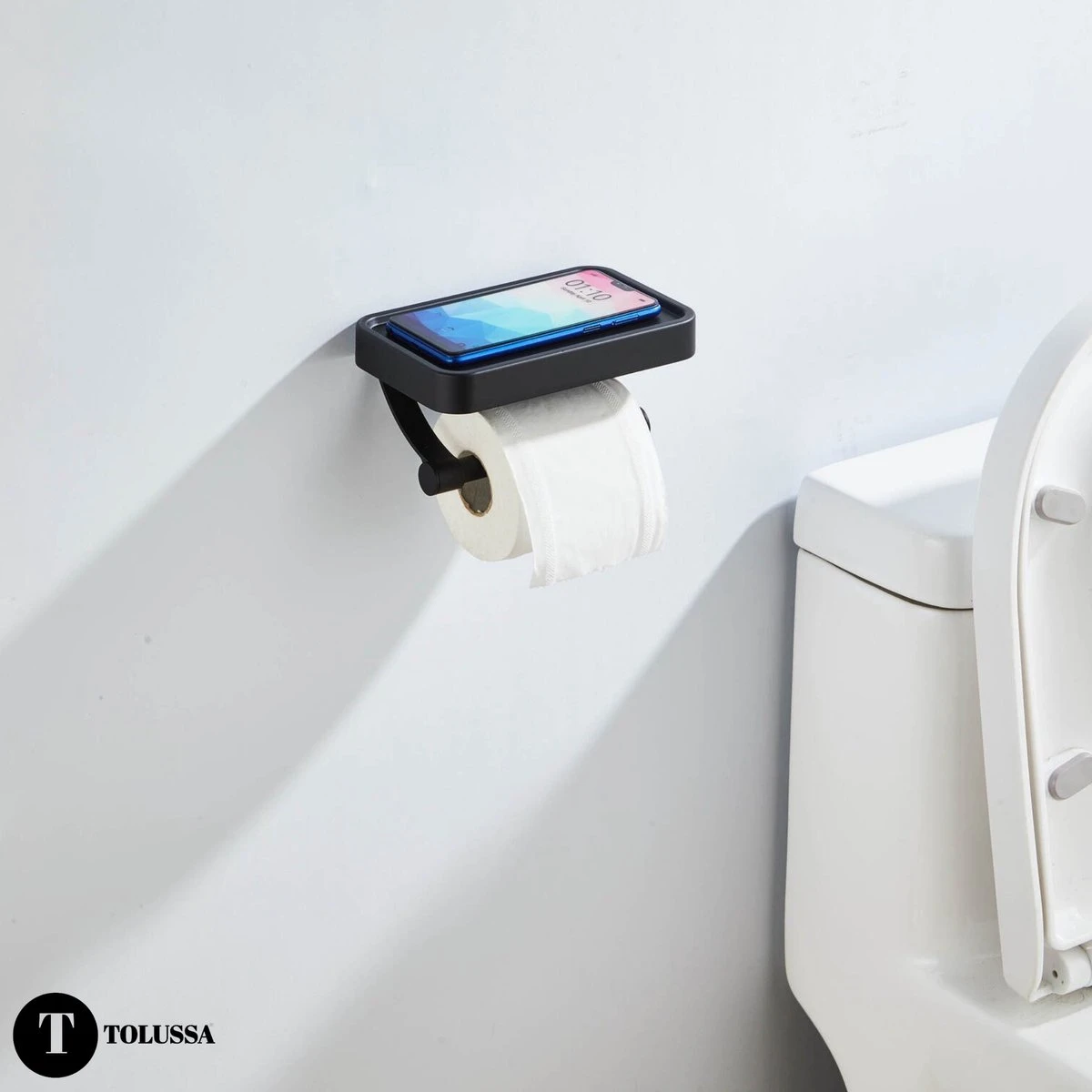 Tolussa Premium WC Rolhouder Zwart Met Plankje - Toiletrolhouder Zwart Met Plankje - Met En Zonder Boren 5 Tolussa Premium WC Rolhouder Zwart Met Plankje - Toiletrolhouder Zwart Met Plankje - Met En Zonder Boren - Afbeelding 3