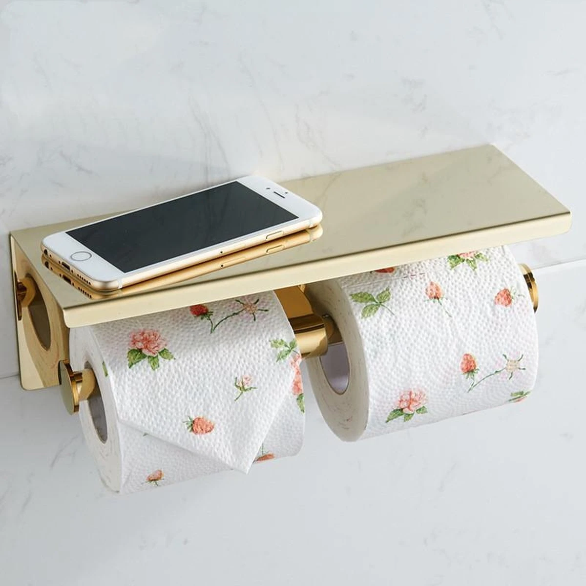 Merkloos TDR - Dubbele Toiletrol Houder - RVS - Met Geïntegreerd Goudkleurig Plankje / Planchet 8 Merkloos TDR - Dubbele Toiletrol Houder - RVS - Met Geïntegreerd Goudkleurig Plankje / Planchet - Afbeelding 6