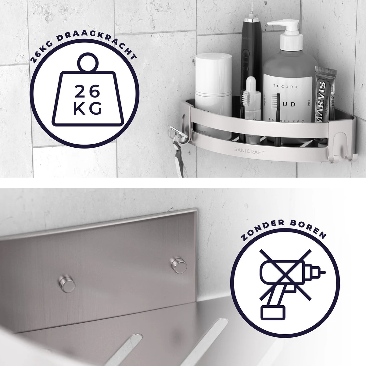 Sanicraft® Doucherekje - Doucherekje Zonder Boren - Geschikt Voor Elk Type Muur - Doucherekje Hangend - Doucheplank - Doucherekje Hoek - Doucherekje Zilver 8 Sanicraft® Doucherekje - Doucherekje Zonder Boren - Geschikt Voor Elk Type Muur - Doucherekje Hangend - Doucheplank - Doucherekje Hoek - Doucherekje Zilver - Afbeelding 6