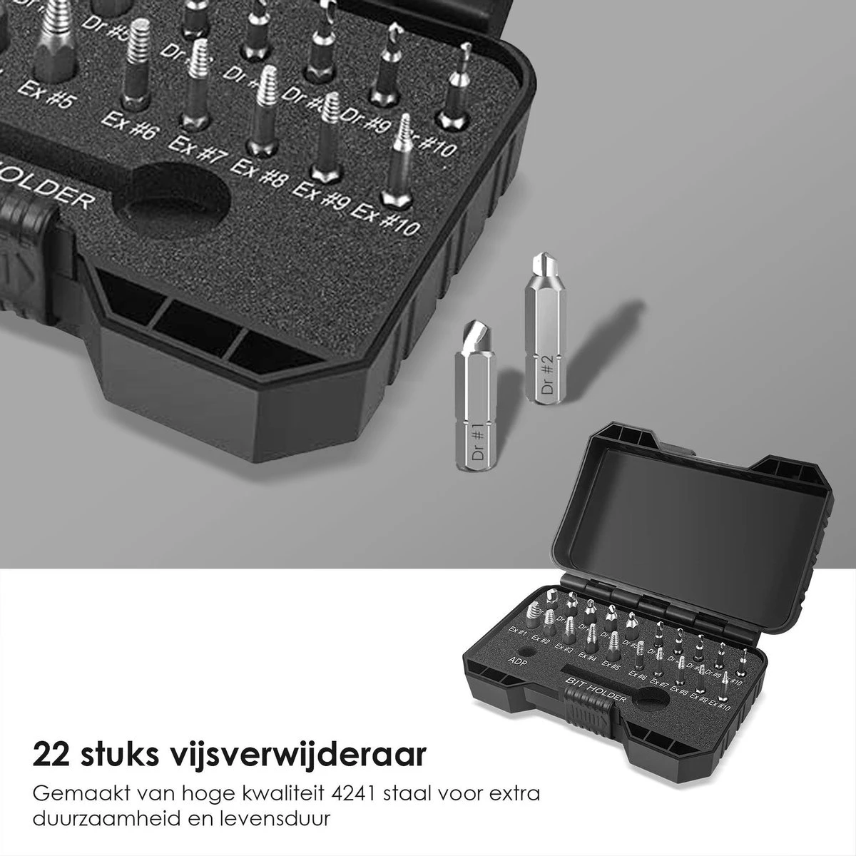 Novalits - Professionele Bit- & Borensets - Schroefverwijderset - 22-delig - HSS Materiaal - Schroefverwijderaar - Uitboorset - Borenset - Schroefbitset - Linkse Tap - Bitset - Metaalborenset - Draadtapset - Versleten Schroeven & Bouten Verwijderen 4 Novalits - Professionele Bit- & Borensets - Schroefverwijderset - 22-delig - HSS Materiaal - Schroefverwijderaar - Uitboorset - Borenset - Schroefbitset - Linkse Tap - Bitset - Metaalborenset - Draadtapset - Versleten Schroeven & Bouten Verwijderen - Afbeelding 2