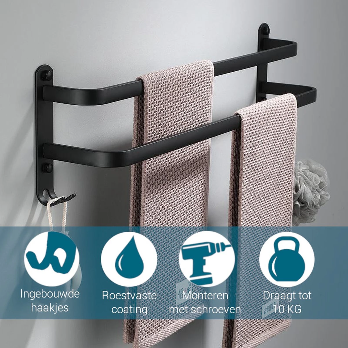 Vannons - Handdoekrek - Handdoekrek Badkamer - 2 Handdoeken - Zwart 7 Vannons - Handdoekrek - Handdoekrek Badkamer - 2 Handdoeken - Zwart - Afbeelding 5