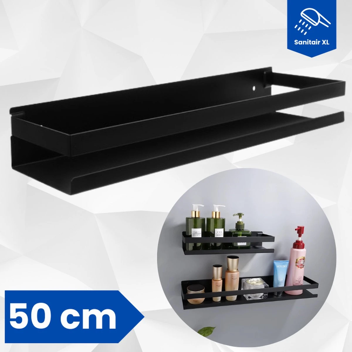 SanitairXL - Doucherek Zwart RVS - 50 Cm Breed - Badkamer Rekje - Douche Rekje - Wandrekje - Hangend Doucherek - Keuken Wandrek