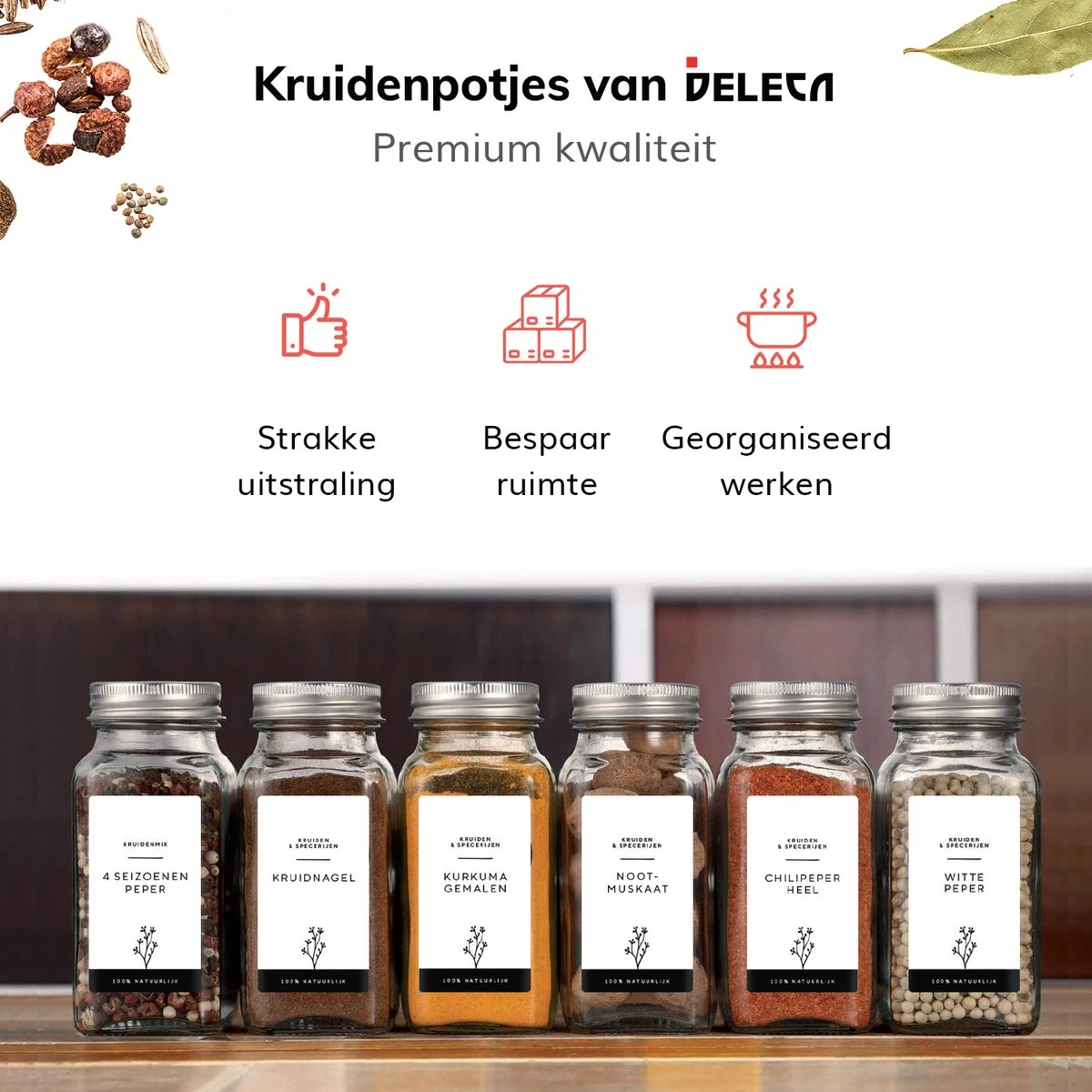 Deleca 24 Glazen Kruidenpotjes - Incl. 3 Soorten Stickers En Strooideksel Set - Voorraadpotten Glas Met Deksel - Kruidenstrooier - 10,5 X 4,3 Cm - Vierkant / 120 Ml 4 Deleca 24 Glazen Kruidenpotjes - Incl. 3 Soorten Stickers En Strooideksel Set - Voorraadpotten Glas Met Deksel - Kruidenstrooier - 10,5 X 4,3 Cm - Vierkant / 120 Ml - Afbeelding 2