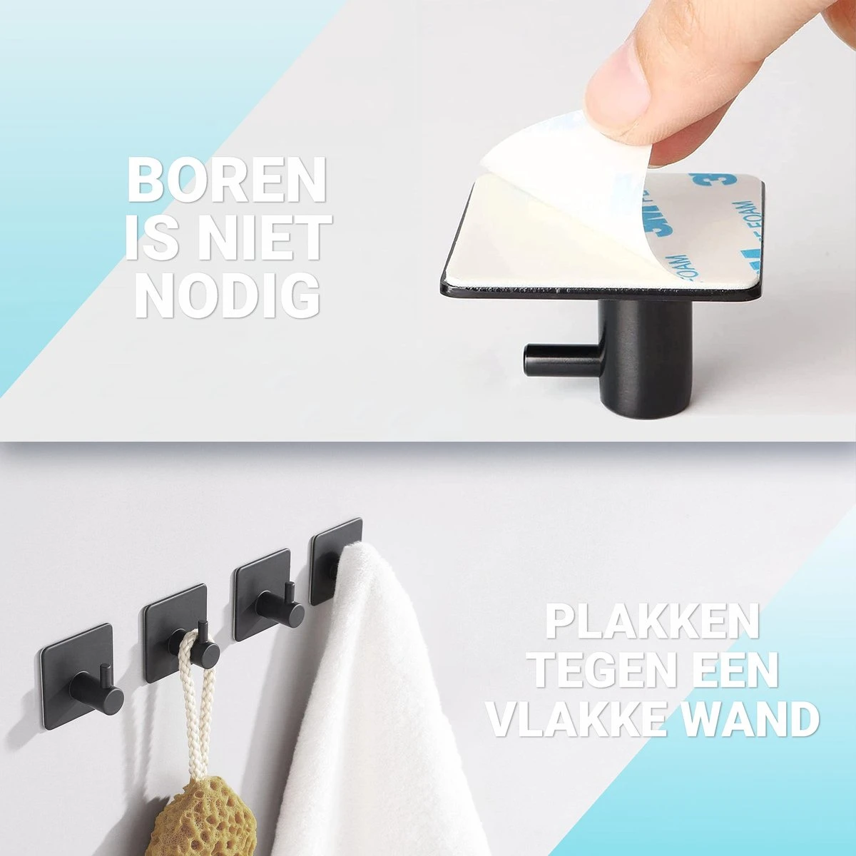 Qitch & Quisine Handdoekhaakjes - Set Van 3 Zwarte Haakjes - Zelfklevend - Waterbestendig - RVS 6 Qitch & Quisine Handdoekhaakjes - Set Van 3 Zwarte Haakjes - Zelfklevend - Waterbestendig - RVS - Afbeelding 4