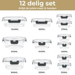 Vershoudbakjes - Meal Prep Bakjes - Diepvriesbakjes - Vershouddoos - Vershoudbakjes Set - Glas - 12 Stuks - BPA Vrij - Stosh -Huishoudelijke Artikelen Verkoop 1200x1200 910