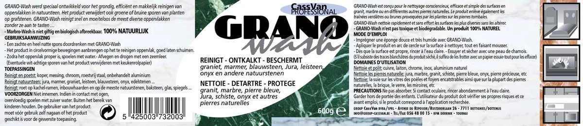 GranoWash REINIGT - ONTKALKT - BESCHERMT Graniet, Marmer, Blauwsteen, Jura, Leisteen, Onyx En Andere Natuurstenen 600g 4 GranoWash REINIGT - ONTKALKT - BESCHERMT Graniet, Marmer, Blauwsteen, Jura, Leisteen, Onyx En Andere Natuurstenen 600g - Afbeelding 2