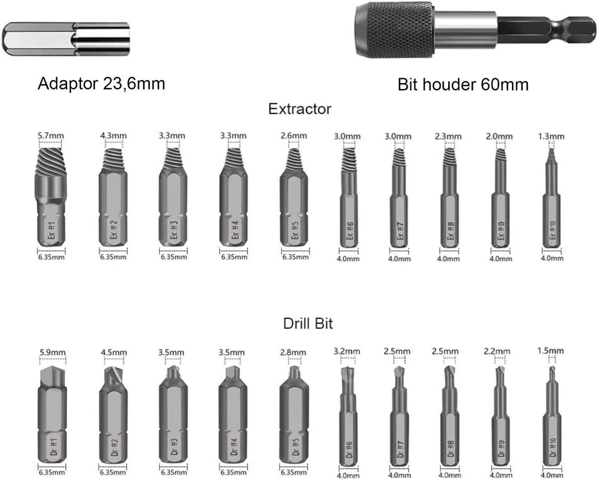 Novalits - Professionele Bit- & Borensets - Schroefverwijderset - 22-delig - HSS Materiaal - Schroefverwijderaar - Uitboorset - Borenset - Schroefbitset - Linkse Tap - Bitset - Metaalborenset - Draadtapset - Versleten Schroeven & Bouten Verwijderen 9 Novalits - Professionele Bit- & Borensets - Schroefverwijderset - 22-delig - HSS Materiaal - Schroefverwijderaar - Uitboorset - Borenset - Schroefbitset - Linkse Tap - Bitset - Metaalborenset - Draadtapset - Versleten Schroeven & Bouten Verwijderen - Afbeelding 7