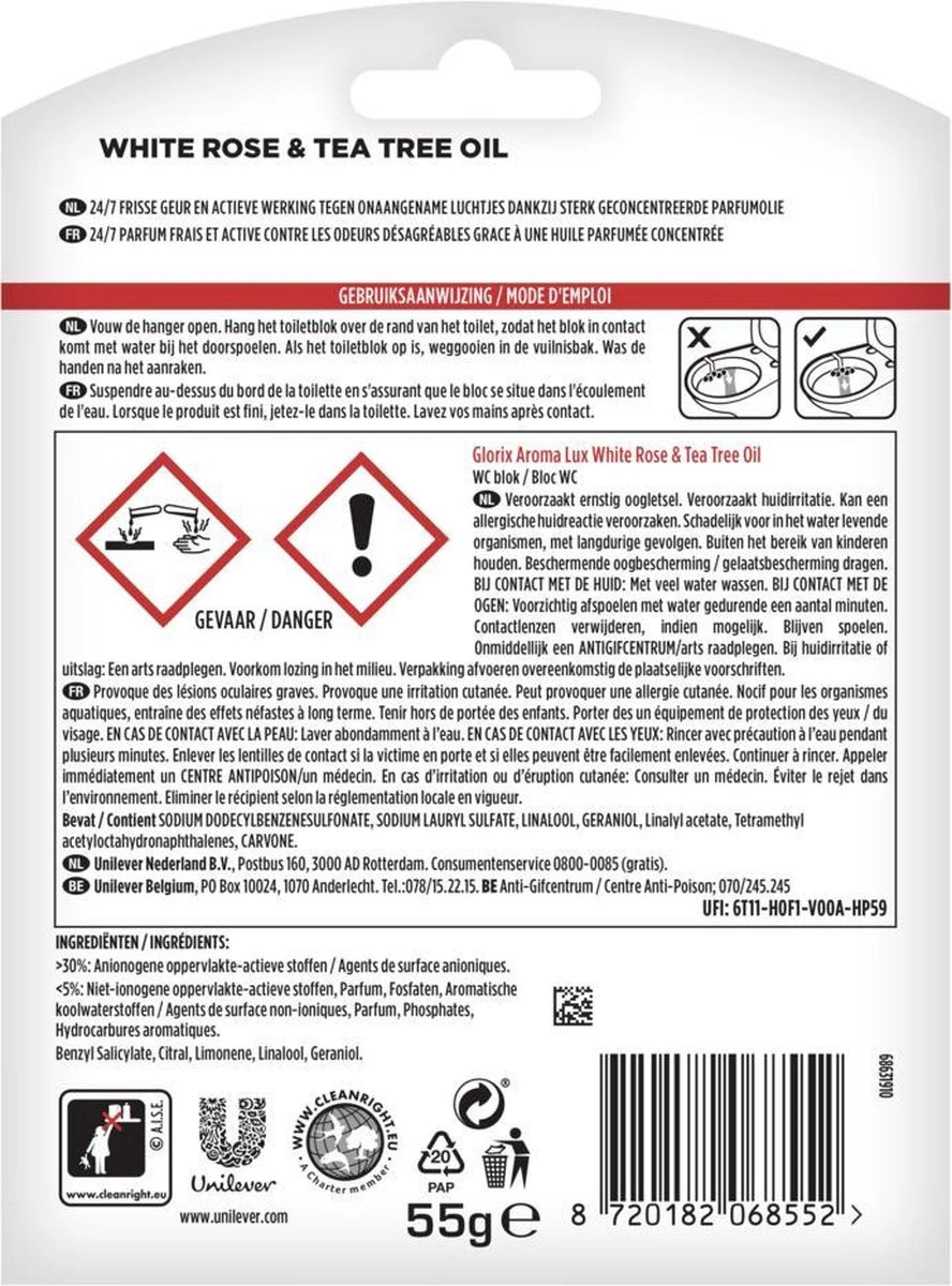 Glorix Aroma Lux Toiletblokken White Rose & Tea Tree Oil - 9 X 55g - Voordeelverpakking 5 Glorix Aroma Lux Toiletblokken White Rose & Tea Tree Oil - 9 X 55g - Voordeelverpakking - Afbeelding 3